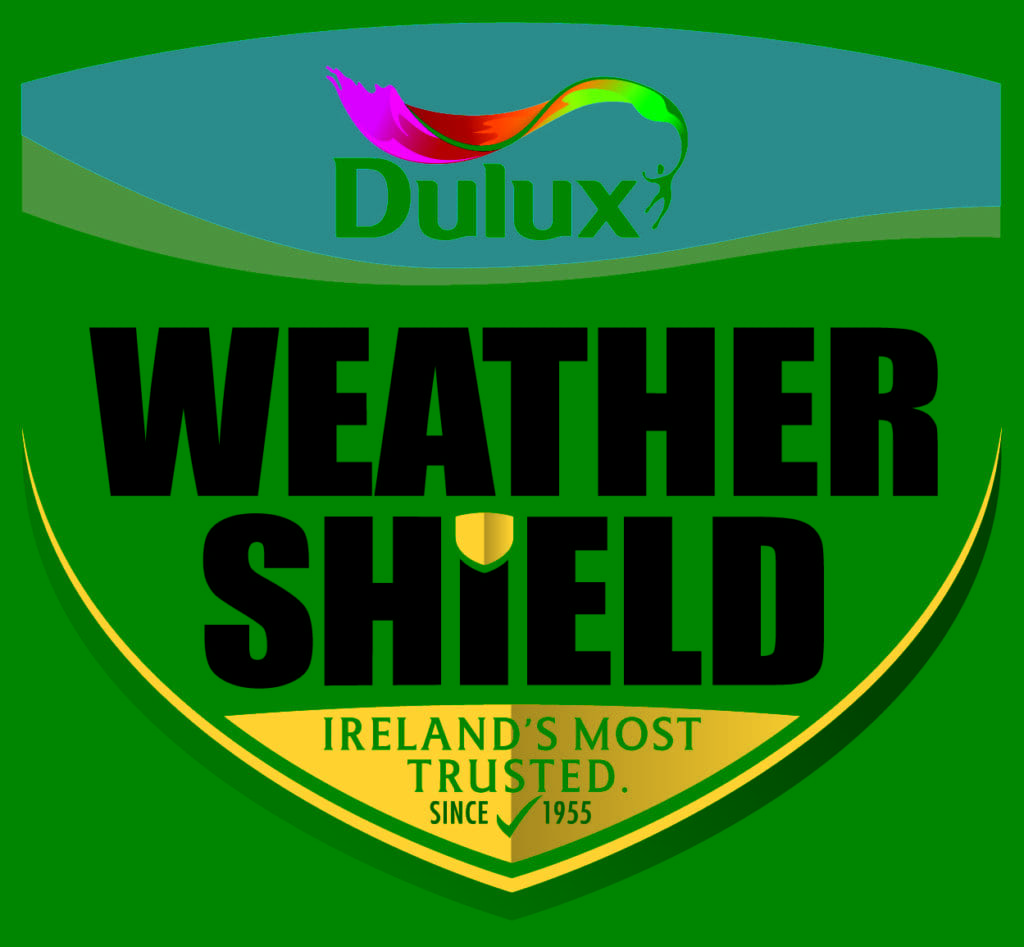 Dulux Weather Shield logo with a colorful paint swoosh above the Dulux name and bold black text reading "WEATHER SHIELD" over a green banner stating "IRELAND'S MOST TRUSTED. Since 1955, ideal for exterior paintwork by any skilled painter and decorator.